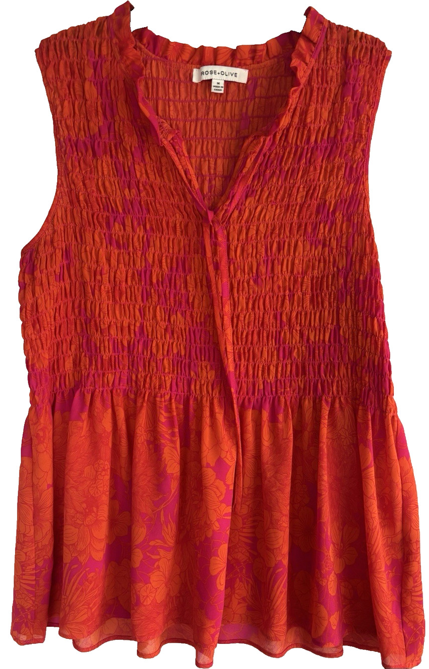 Rose + Olive Smocked Peplum Top Womens M Orange Pink Floral Sleeveless Chiffon